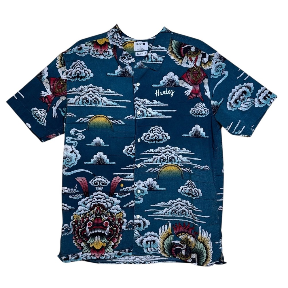 Hurley Men's Hawaiian Shirt Dragon Cloud Print Short Sleeve Button‎ Up Teal L
